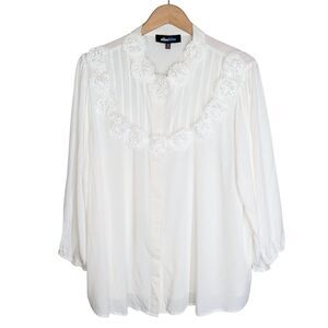 Alice Blue White Cottage Blouse Plus Size 3X Button Up Long Sleeve Flower Detail